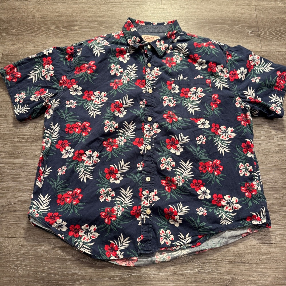Jachs NY Hawaiian Shirt Men XL Blue Tropical Hibiscus Cotton Floral Aloha Summer